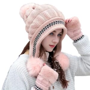 Winter Hat Scarf with Gloves Set for Girls Cute Fur Woolen Warm Hooded Beanie Cap