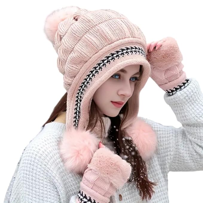 Winter Hat Scarf with Gloves Set for Girls Cute Fur Woolen Warm Hooded Beanie Cap